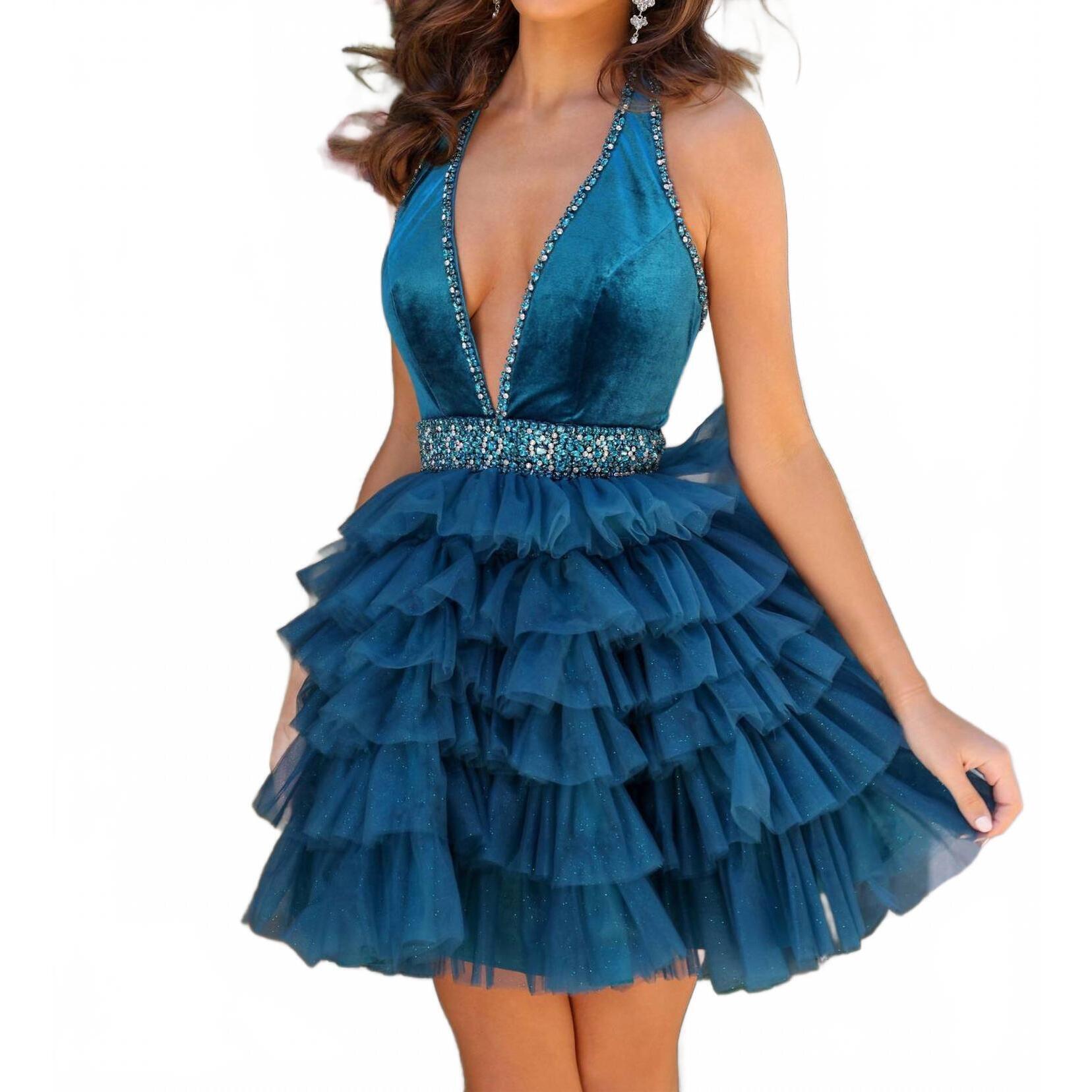 New Ava Presley Velvet Halter Short Dress In Teal